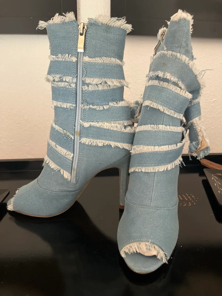 Light blue denim peep-toe ankle boots
