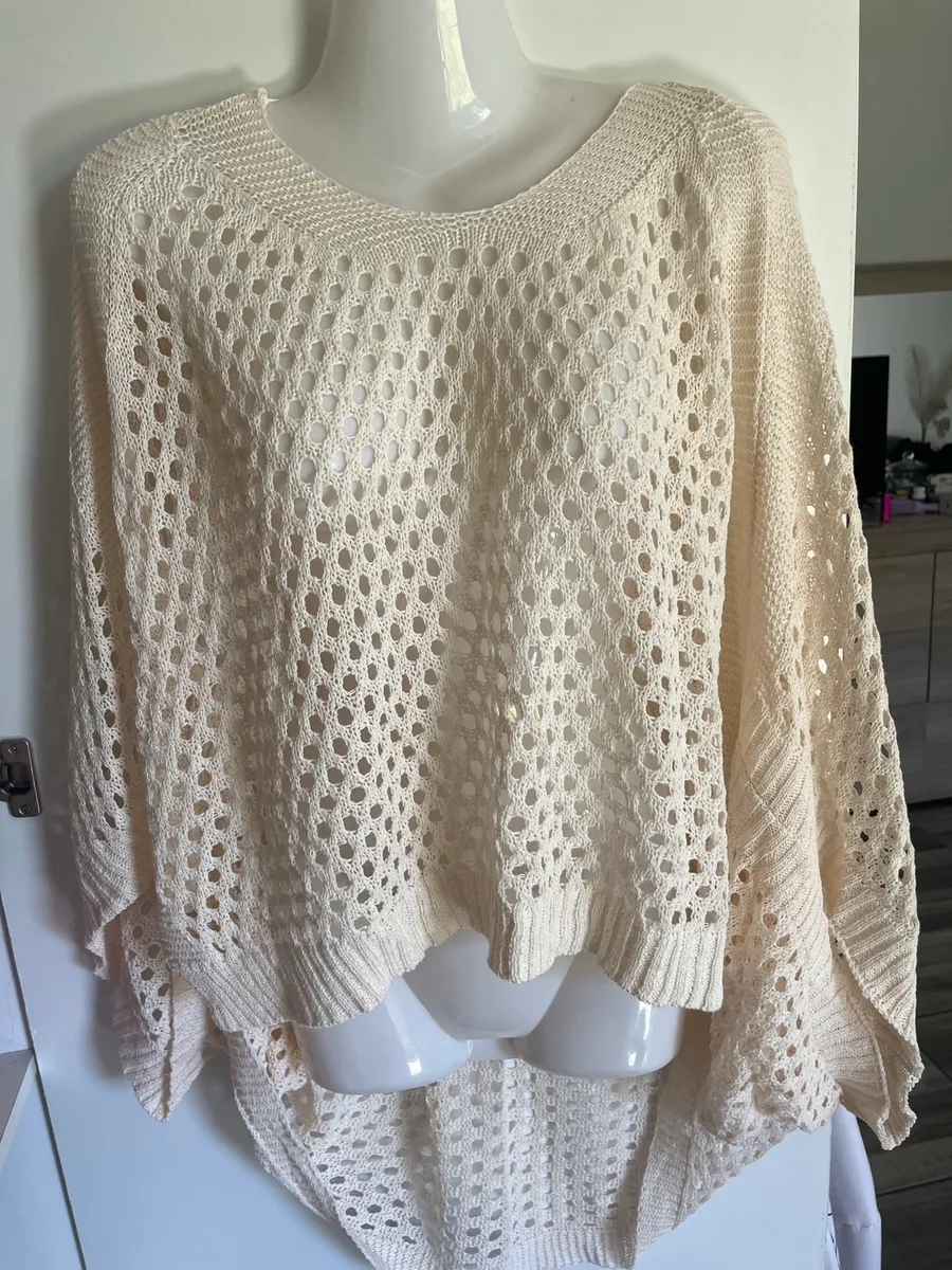 Cream Oversized Open-Knit Batwing Top